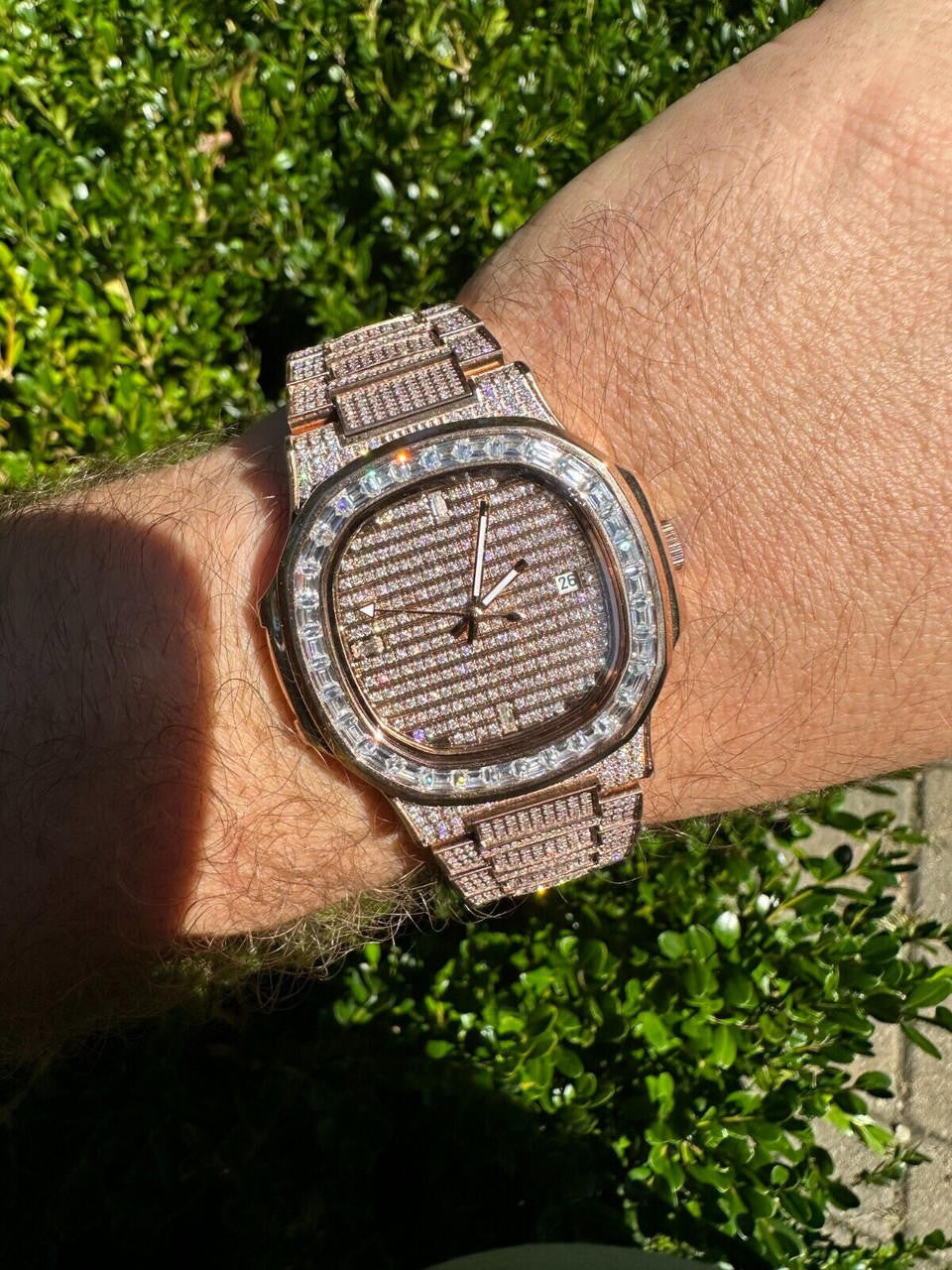 Hip Hop Real Mens Baguette 14k Rose Gold Real MOISSANITE Watch Iced Automatic Movement