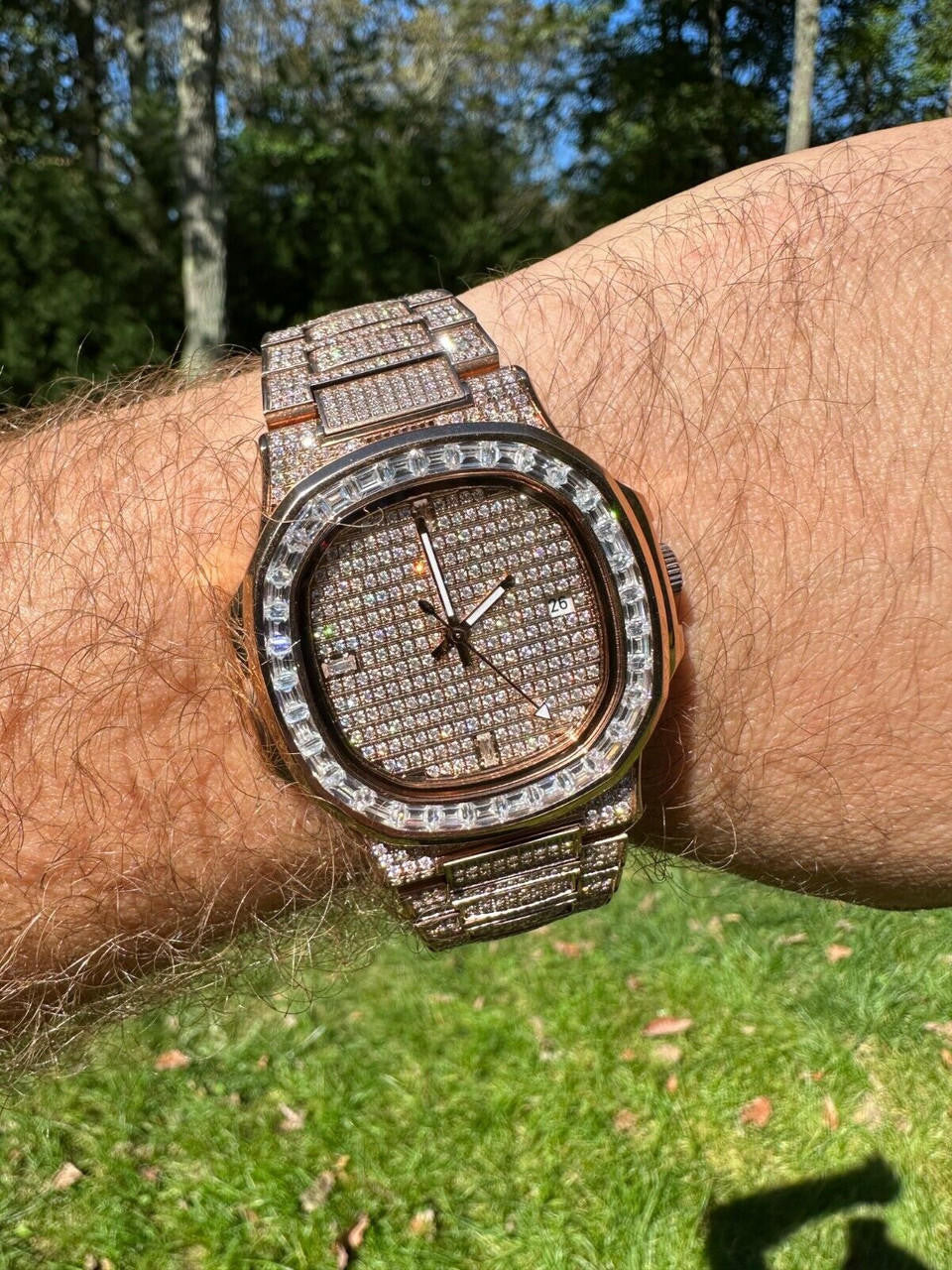 Hip Hop Real Mens Baguette 14k Rose Gold Real MOISSANITE Watch Iced Automatic Movement