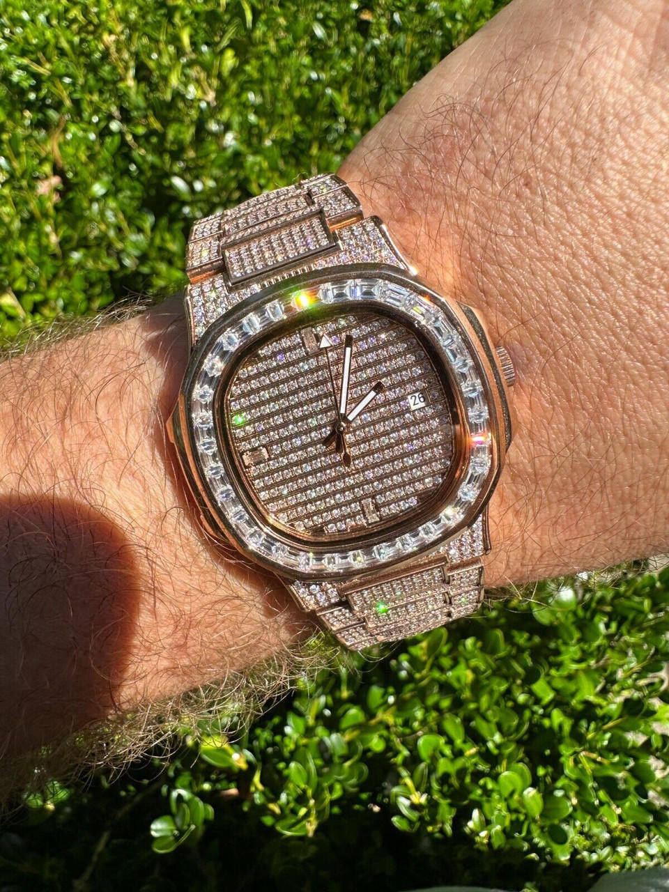 Hip Hop Real Mens Baguette 14k Rose Gold Real MOISSANITE Watch Iced Automatic Movement