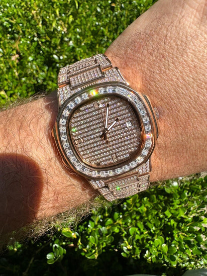 Hip Hop Real Mens Baguette 14k Rose Gold Real MOISSANITE Watch Iced Automatic Movement