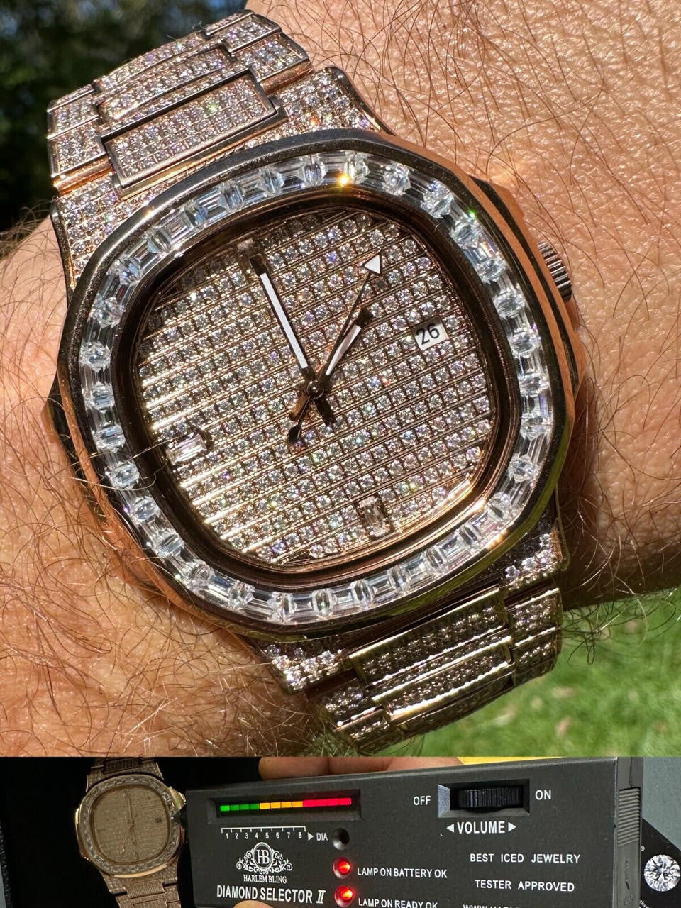 Hip Hop Real Mens Baguette 14k Rose Gold Real MOISSANITE Watch Iced Automatic Movement