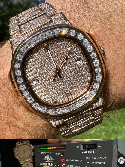 Hip Hop Real Mens Baguette 14k Rose Gold Real MOISSANITE Watch Iced Automatic Movement