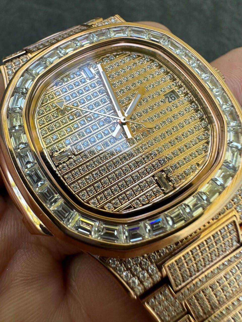 Hip Hop Real Mens Baguette 14k Rose Gold Real MOISSANITE Watch Iced Automatic Movement