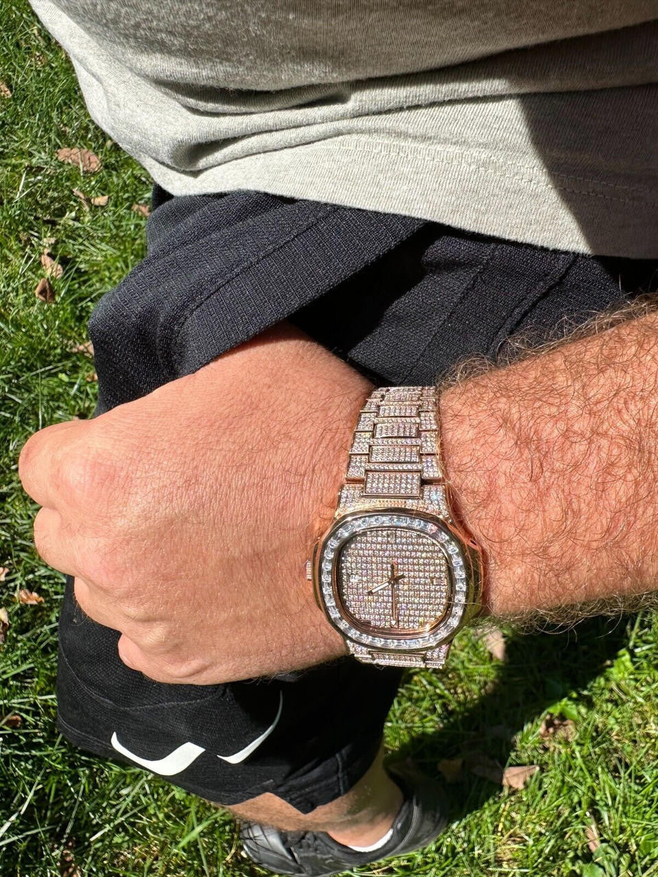 Hip Hop Real Mens Baguette 14k Rose Gold Real MOISSANITE Watch Iced Automatic Movement