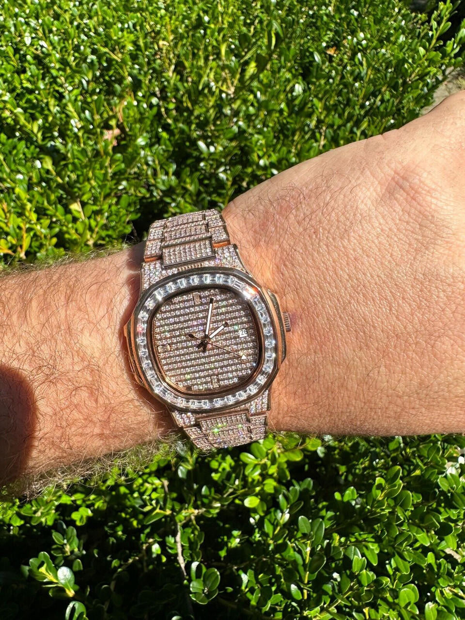 Hip Hop Real Mens Baguette 14k Rose Gold Real MOISSANITE Watch Iced Automatic Movement