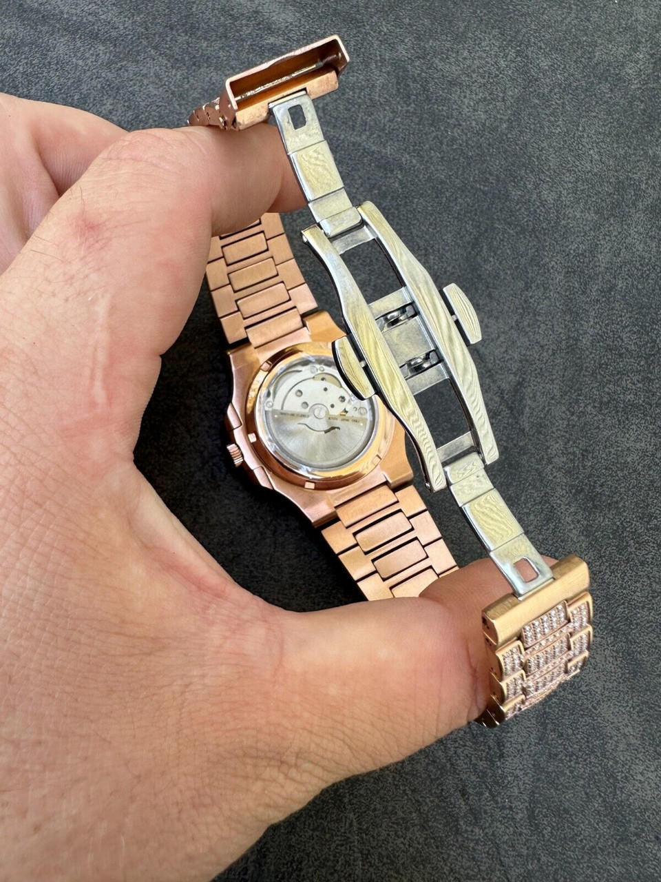 Hip Hop Real Mens Baguette 14k Rose Gold Real MOISSANITE Watch Iced Automatic Movement