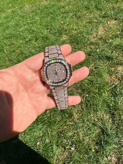 Hip Hop Real Mens Baguette 14k Rose Gold Real MOISSANITE Watch Iced Automatic Movement