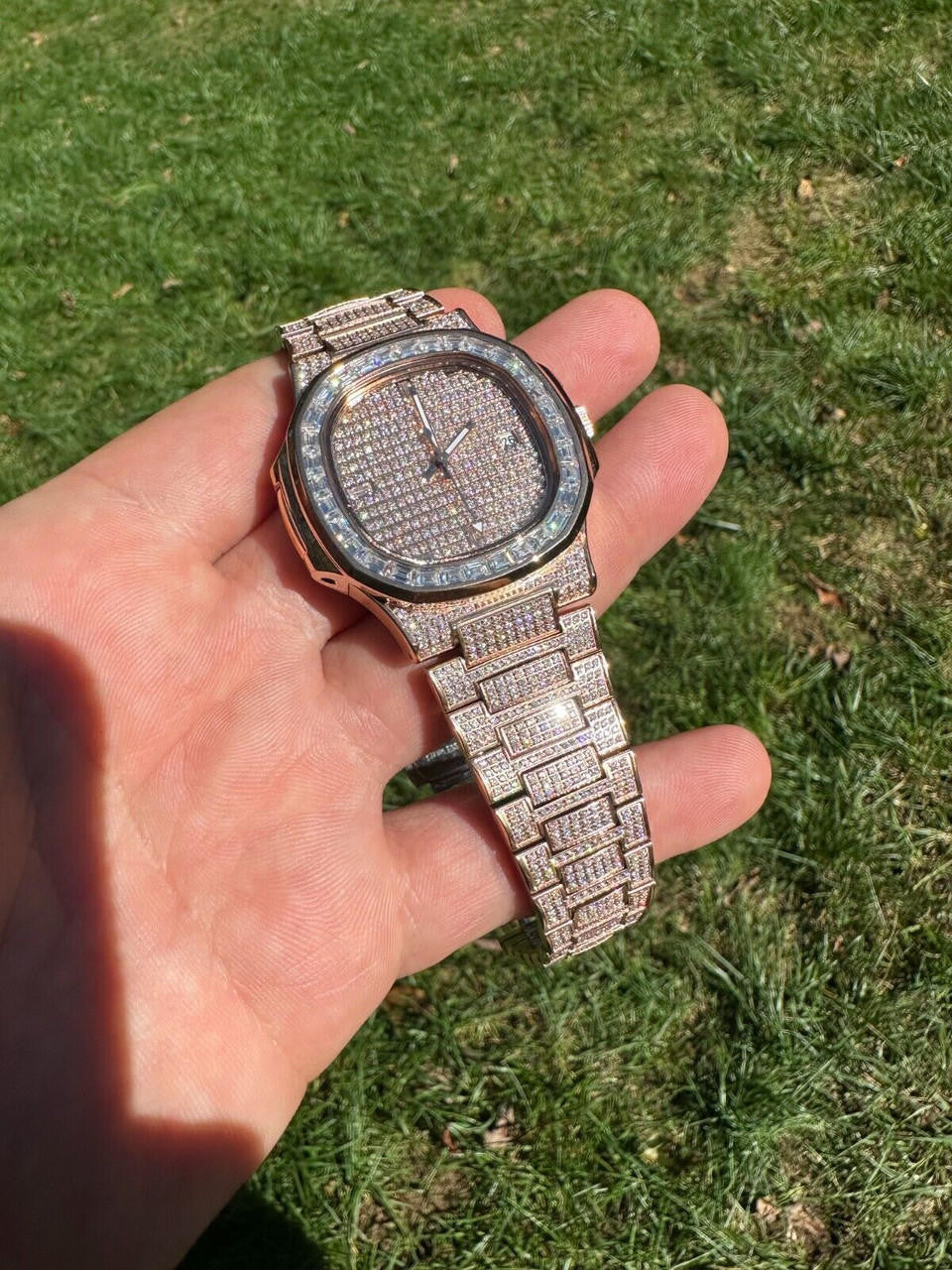 Hip Hop Real Mens Baguette 14k Rose Gold Real MOISSANITE Watch Iced Automatic Movement