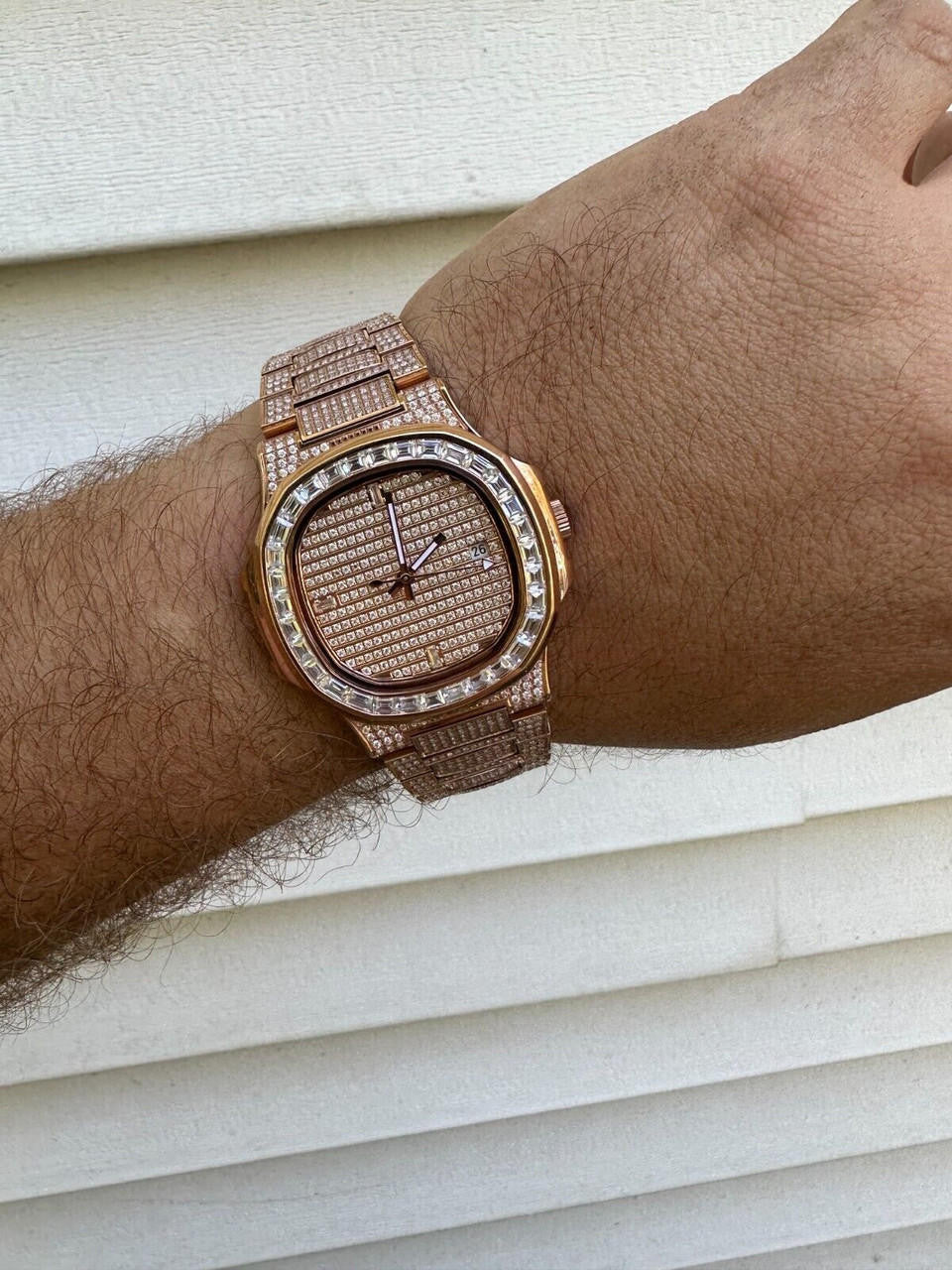 Hip Hop Real Mens Baguette 14k Rose Gold Real MOISSANITE Watch Iced Automatic Movement