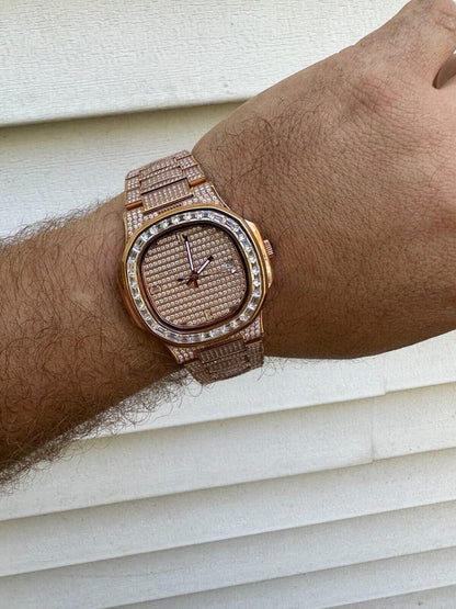 Hip Hop Real Mens Baguette 14k Rose Gold Real MOISSANITE Watch Iced Automatic Movement