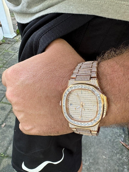 Hip Hop Real Mens Baguette 14k Rose Gold Real MOISSANITE Watch Iced Automatic Movement