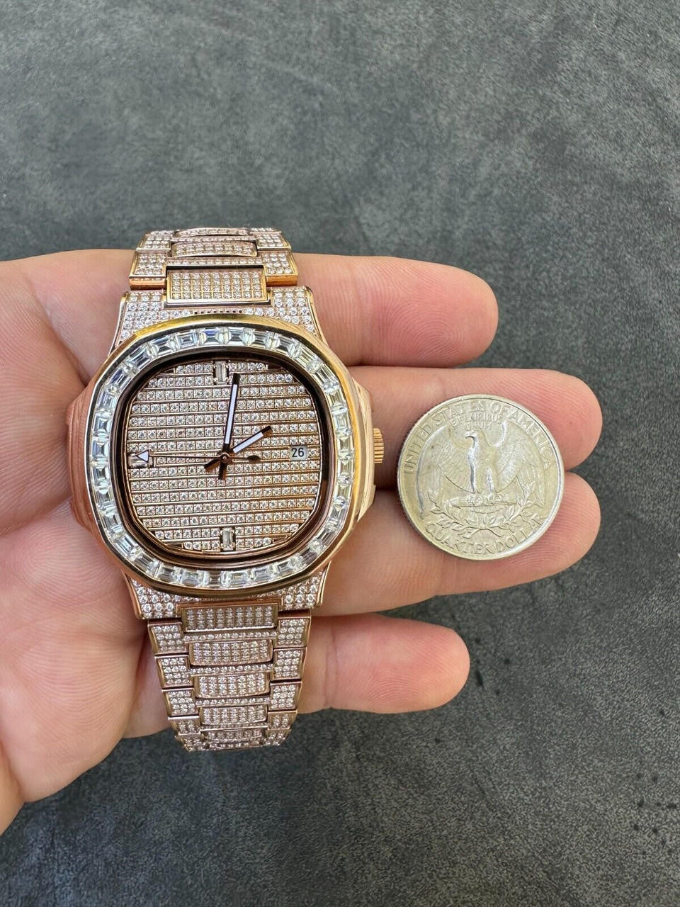 Hip Hop Real Mens Baguette 14k Rose Gold Real MOISSANITE Watch Iced Automatic Movement