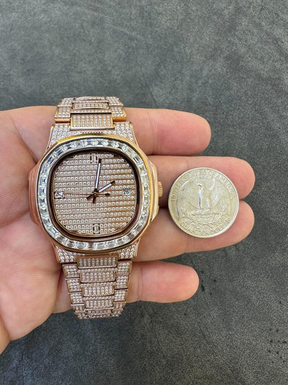 Hip Hop Real Mens Baguette 14k Rose Gold Real MOISSANITE Watch Iced Automatic Movement