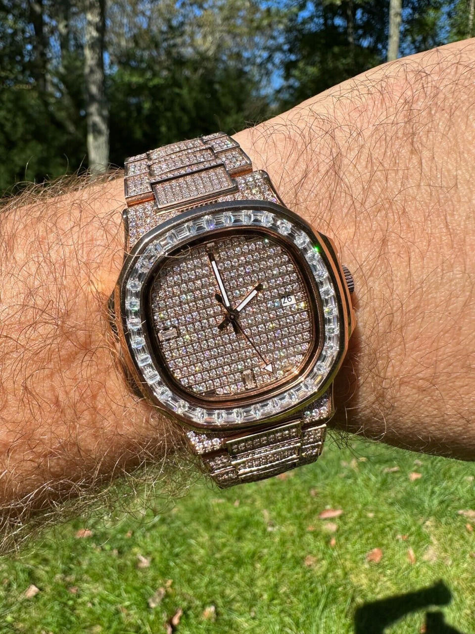 Hip Hop Real Mens Baguette 14k Rose Gold Real MOISSANITE Watch Iced Automatic Movement