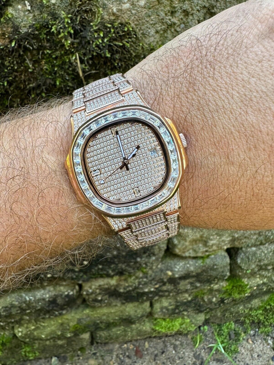 Hip Hop Real Mens Baguette 14k Rose Gold Real MOISSANITE Watch Iced Automatic Movement