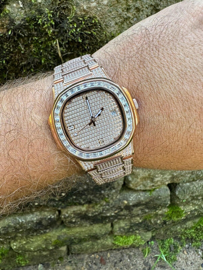 Hip Hop Real Mens Baguette 14k Rose Gold Real MOISSANITE Watch Iced Automatic Movement