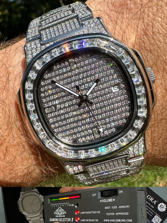 Hip Hop Real Mens Baguette MOISSANITE Watch Iced Automatic Movement Hip Hop Bust Down