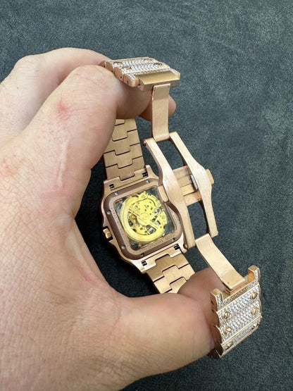 Hip Hop Real Mens MOISSANITE 14k Rose Gold Watch Iced Automatic Movement HipHop Skeleton