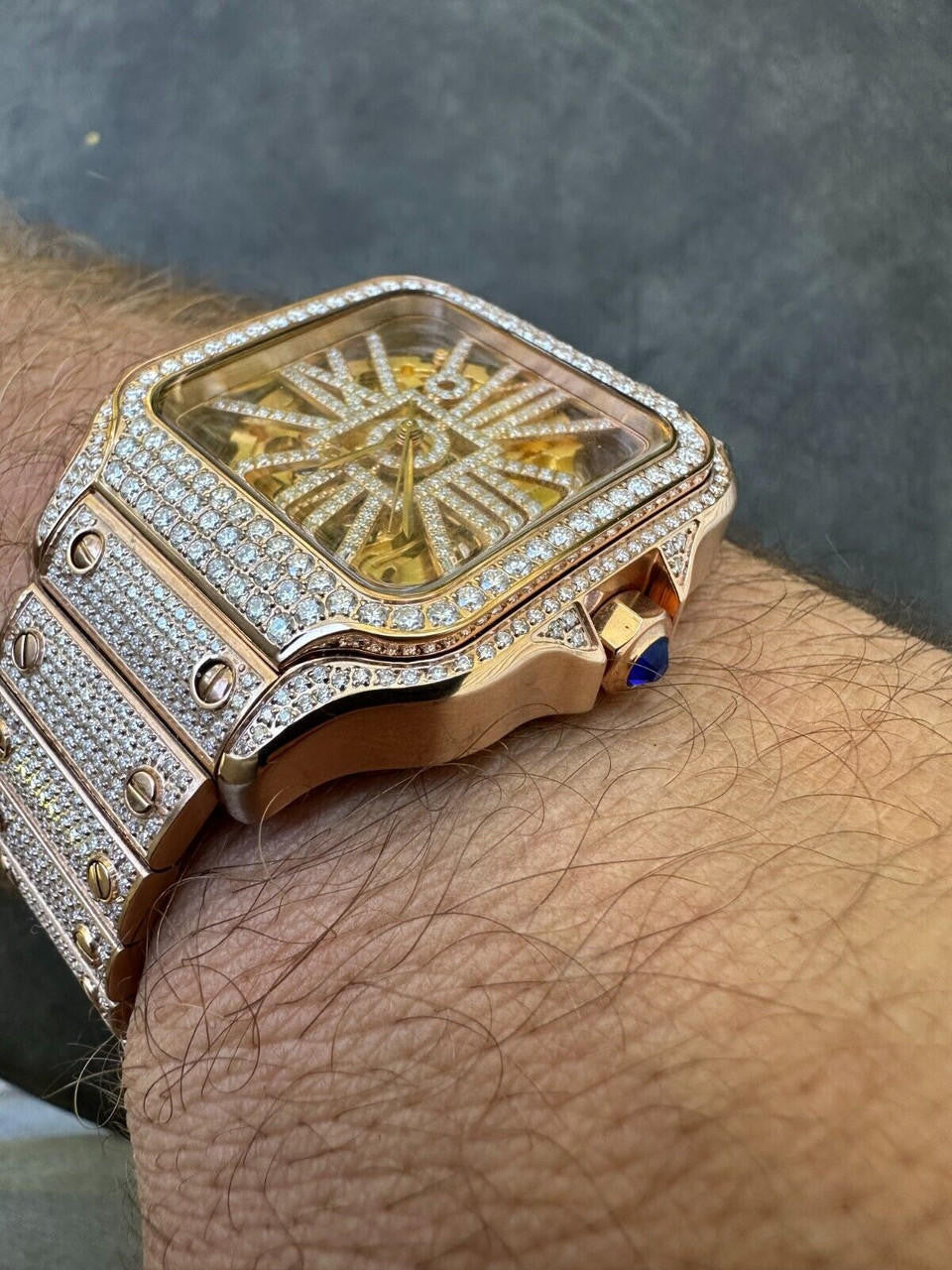 Hip Hop Real Mens MOISSANITE 14k Rose Gold Watch Iced Automatic Movement HipHop Skeleton