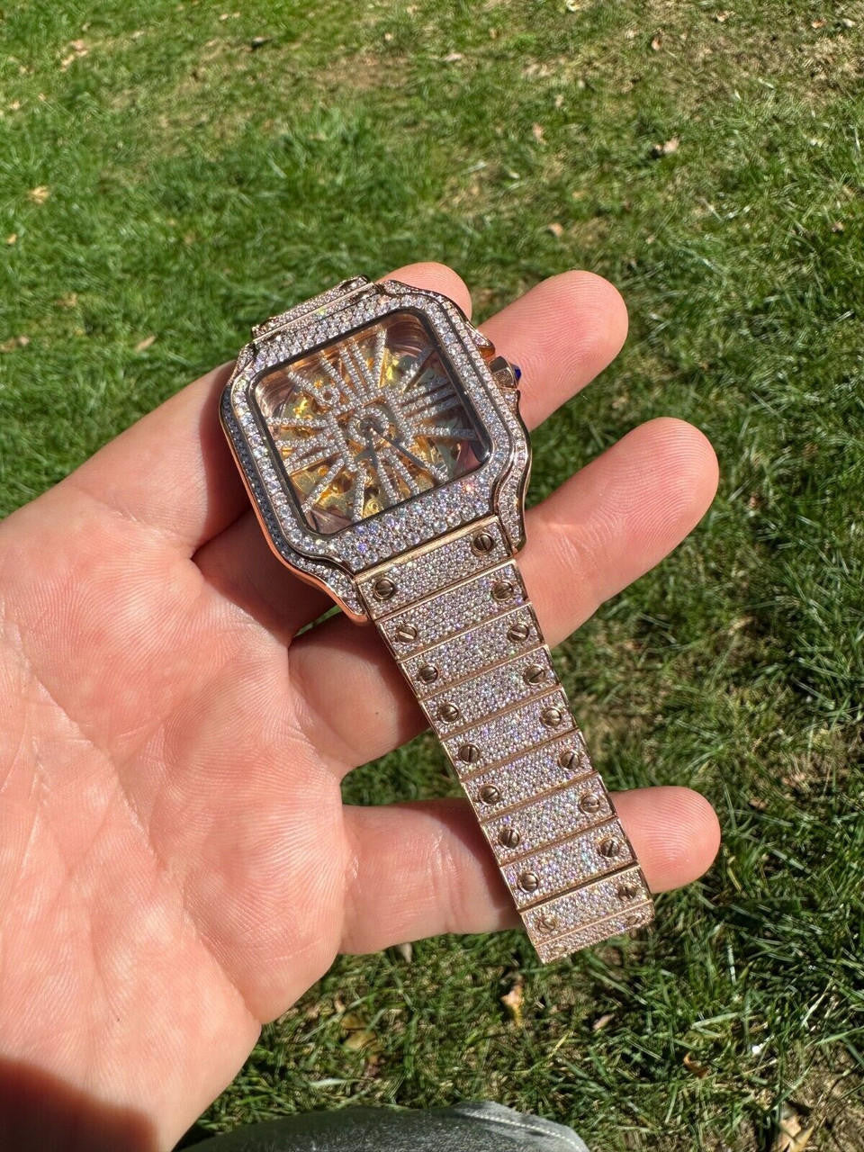 Hip Hop Real Mens MOISSANITE 14k Rose Gold Watch Iced Automatic Movement HipHop Skeleton