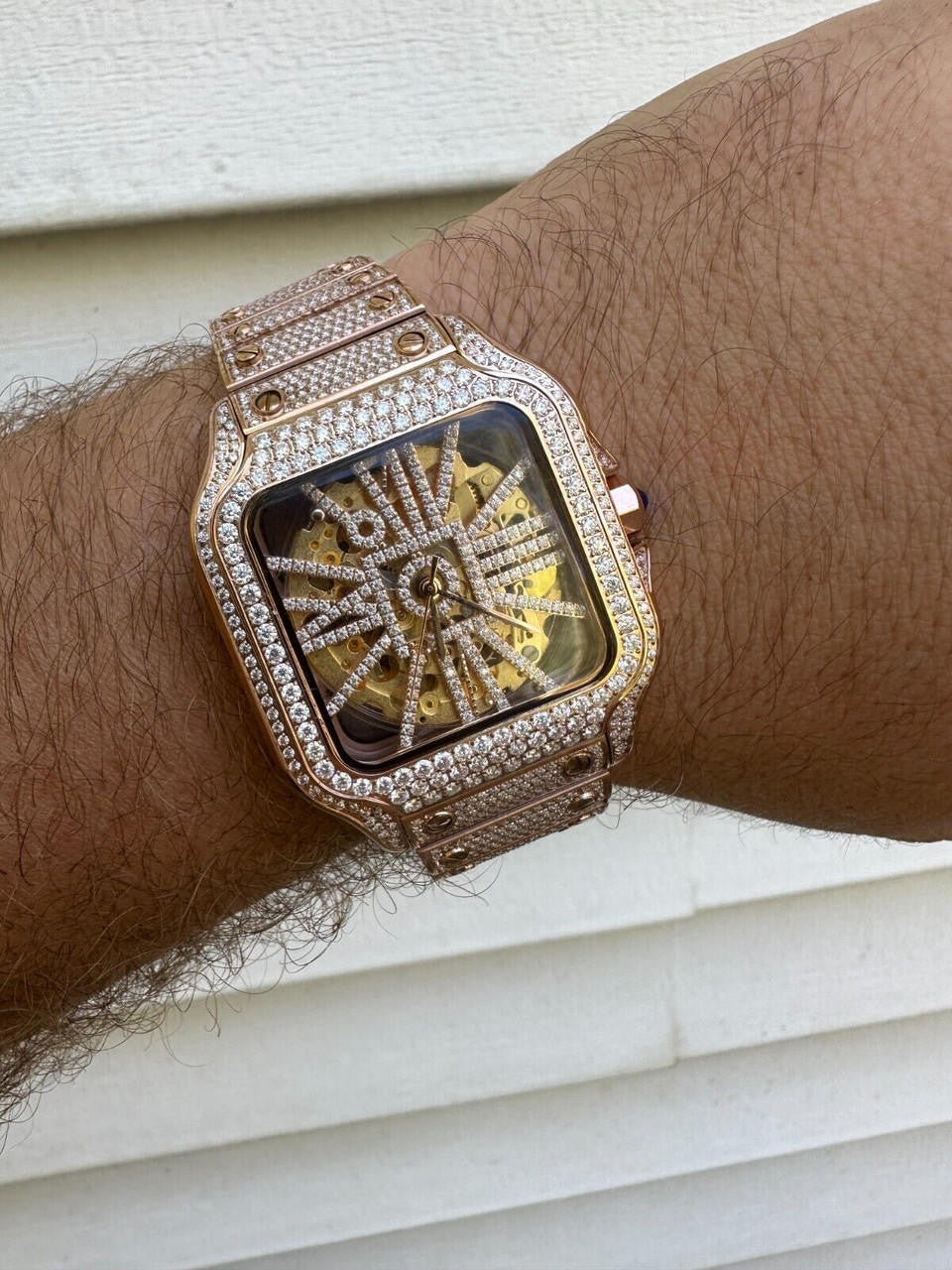 Hip Hop Real Mens MOISSANITE 14k Rose Gold Watch Iced Automatic Movement HipHop Skeleton