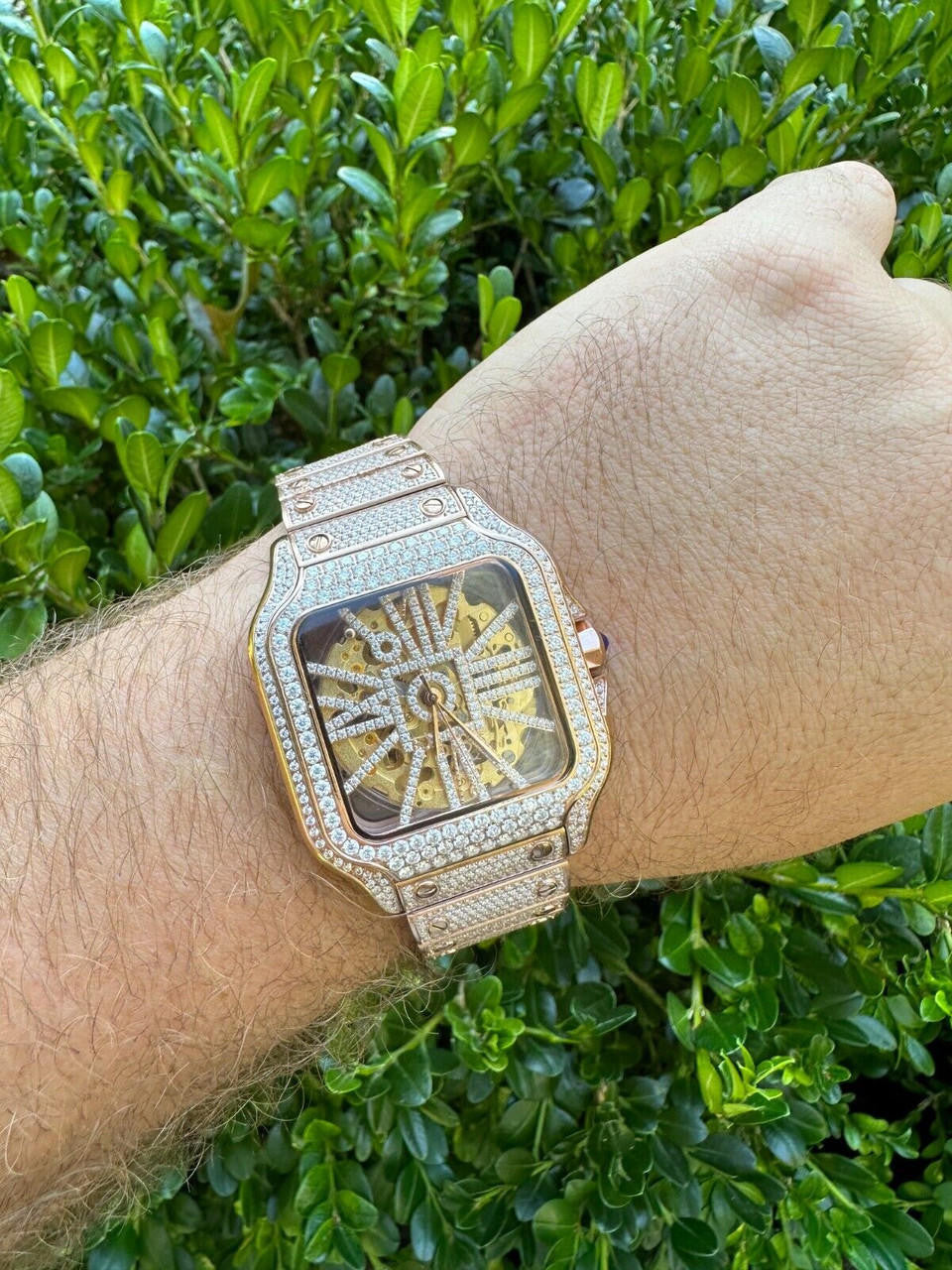 Hip Hop Real Mens MOISSANITE 14k Rose Gold Watch Iced Automatic Movement HipHop Skeleton