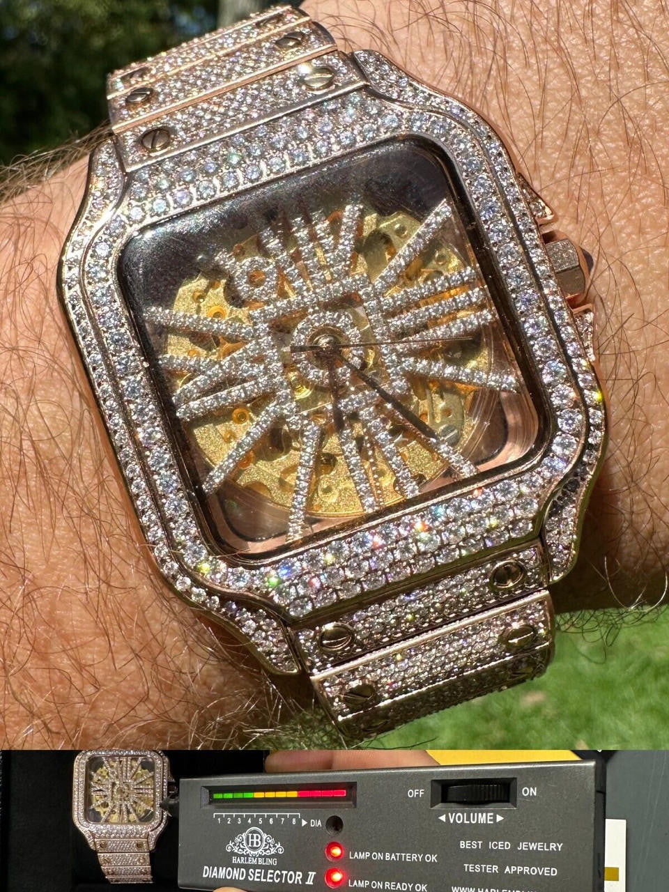 Hip Hop Real Mens MOISSANITE 14k Rose Gold Watch Iced Automatic Movement HipHop Skeleton