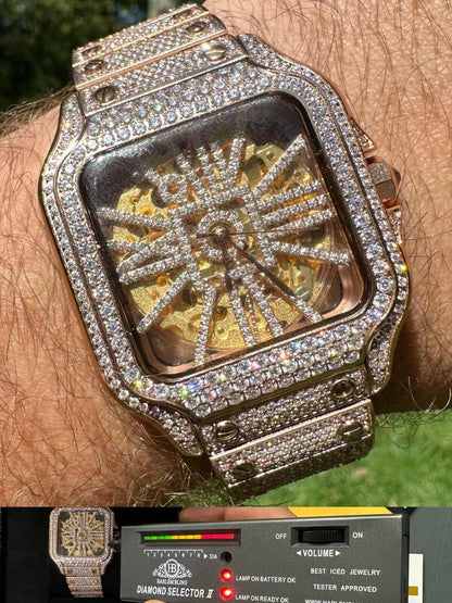 Hip Hop Real Mens MOISSANITE 14k Rose Gold Watch Iced Automatic Movement HipHop Skeleton