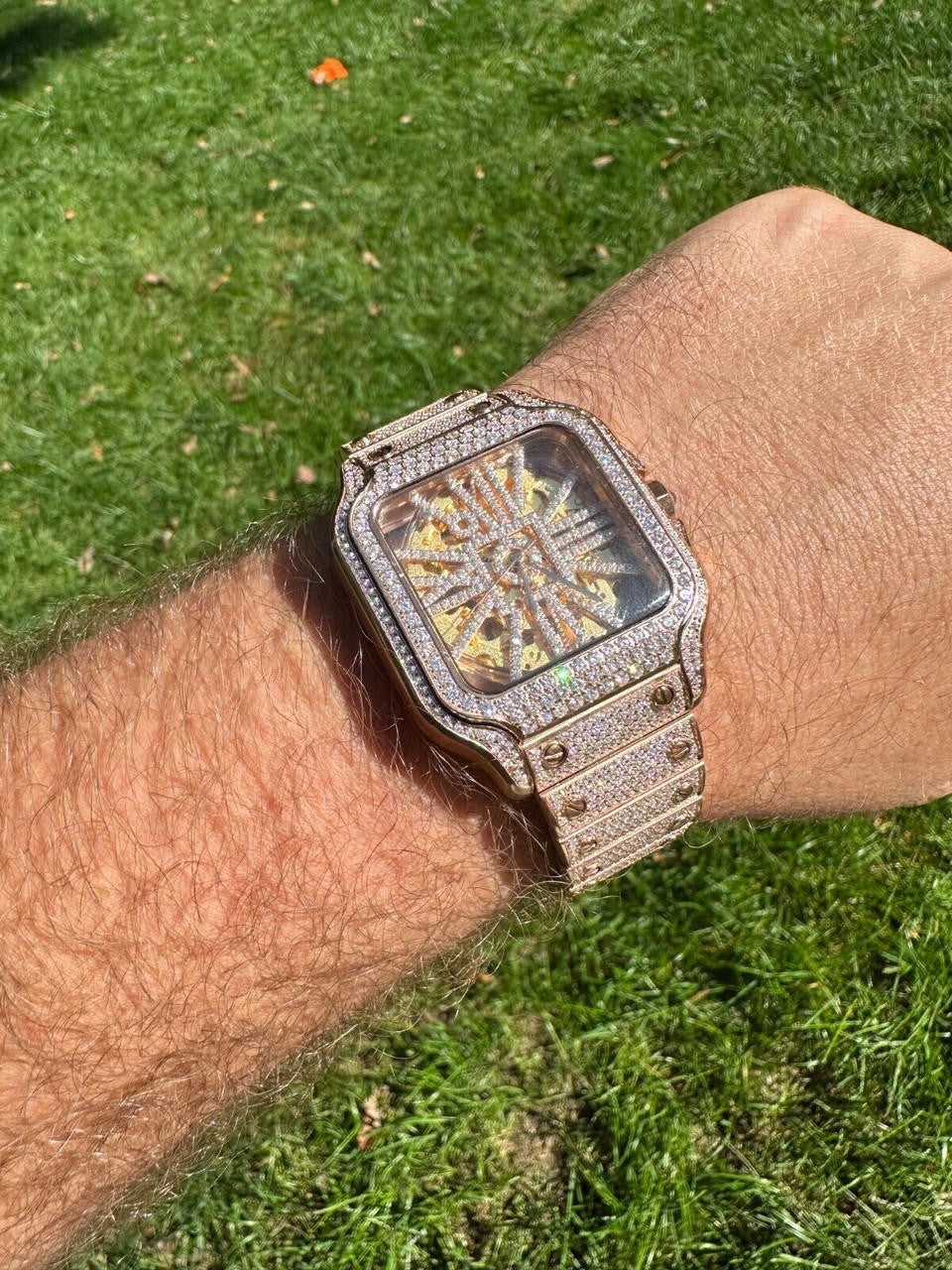 Hip Hop Real Mens MOISSANITE 14k Rose Gold Watch Iced Automatic Movement HipHop Skeleton