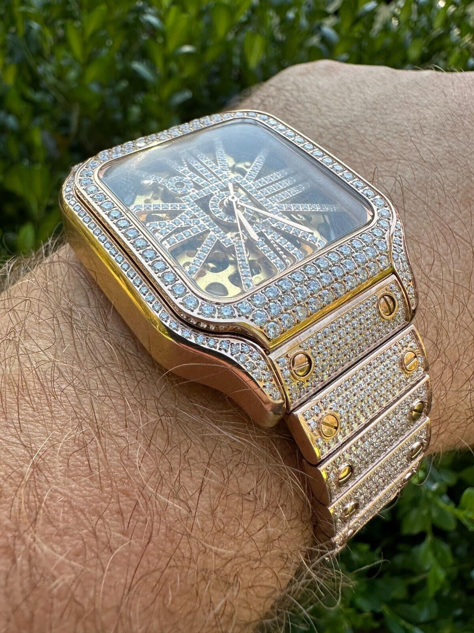 Hip Hop Real Mens MOISSANITE 14k Rose Gold Watch Iced Automatic Movement HipHop Skeleton