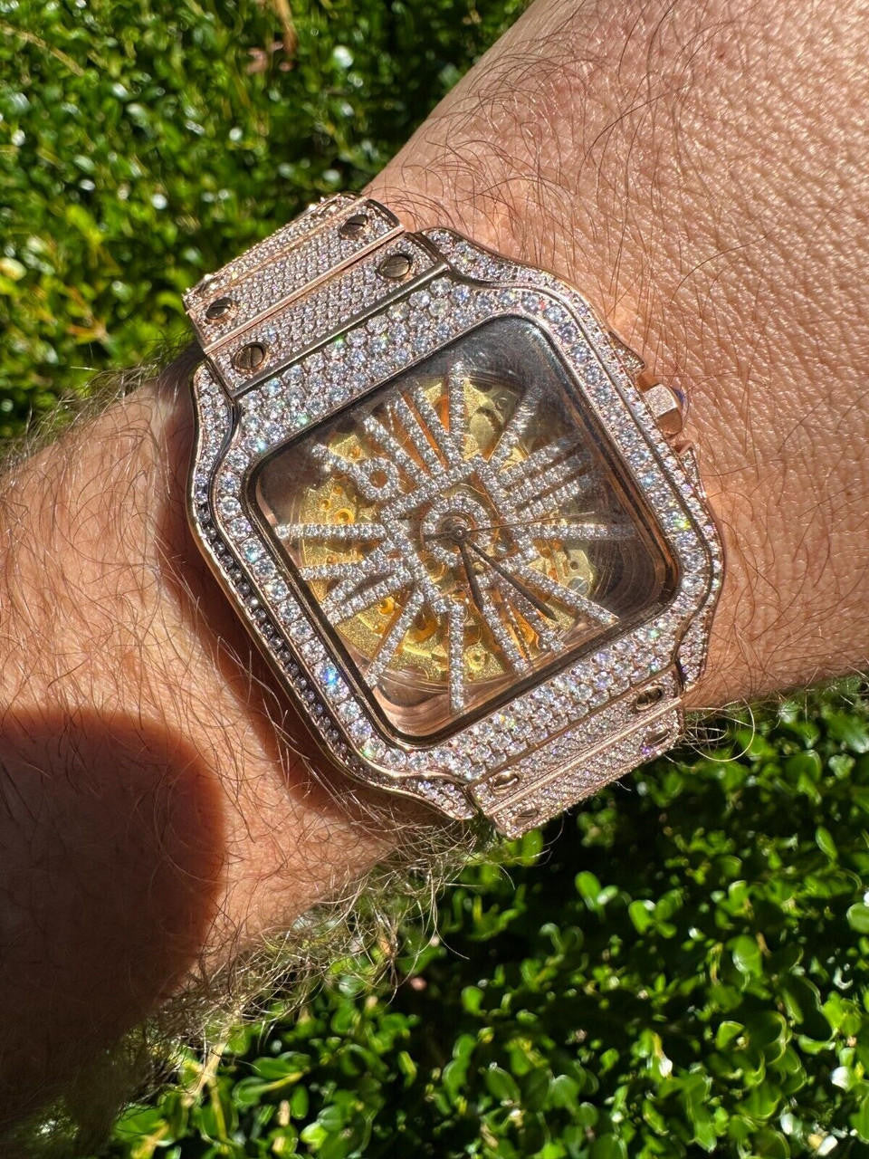 Hip Hop Real Mens MOISSANITE 14k Rose Gold Watch Iced Automatic Movement HipHop Skeleton