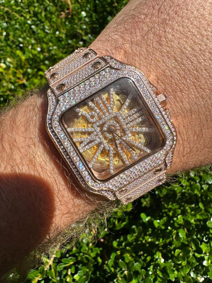 Hip Hop Real Mens MOISSANITE 14k Rose Gold Watch Iced Automatic Movement HipHop Skeleton