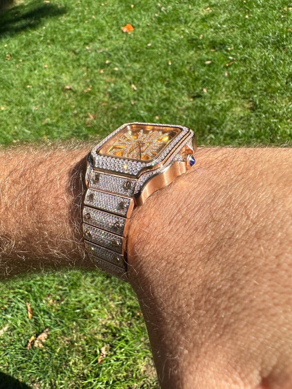 Hip Hop Real Mens MOISSANITE 14k Rose Gold Watch Iced Automatic Movement HipHop Skeleton