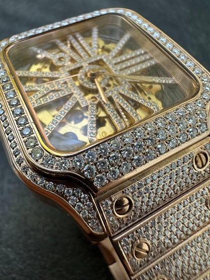 Hip Hop Real Mens MOISSANITE 14k Rose Gold Watch Iced Automatic Movement HipHop Skeleton