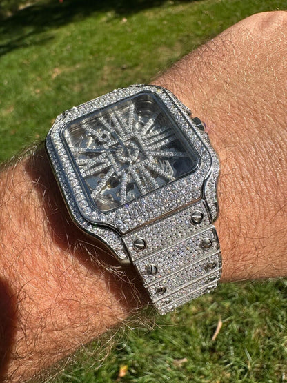 Hip Hop Real Mens MOISSANITE Watch Iced Automatic Movement Hip Hop Bust Down Skeleton