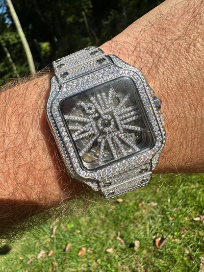 Hip Hop Real Mens MOISSANITE Watch Iced Automatic Movement Hip Hop Bust Down Skeleton