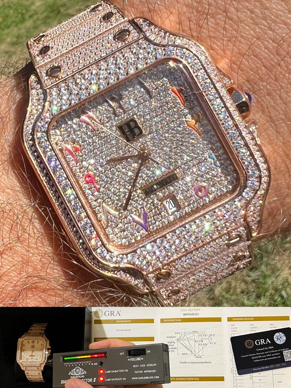 Hip Hop Real Mens MOISSANITE Watch Iced Automatic Movement Hip Hop Rose Gold Arabic Face