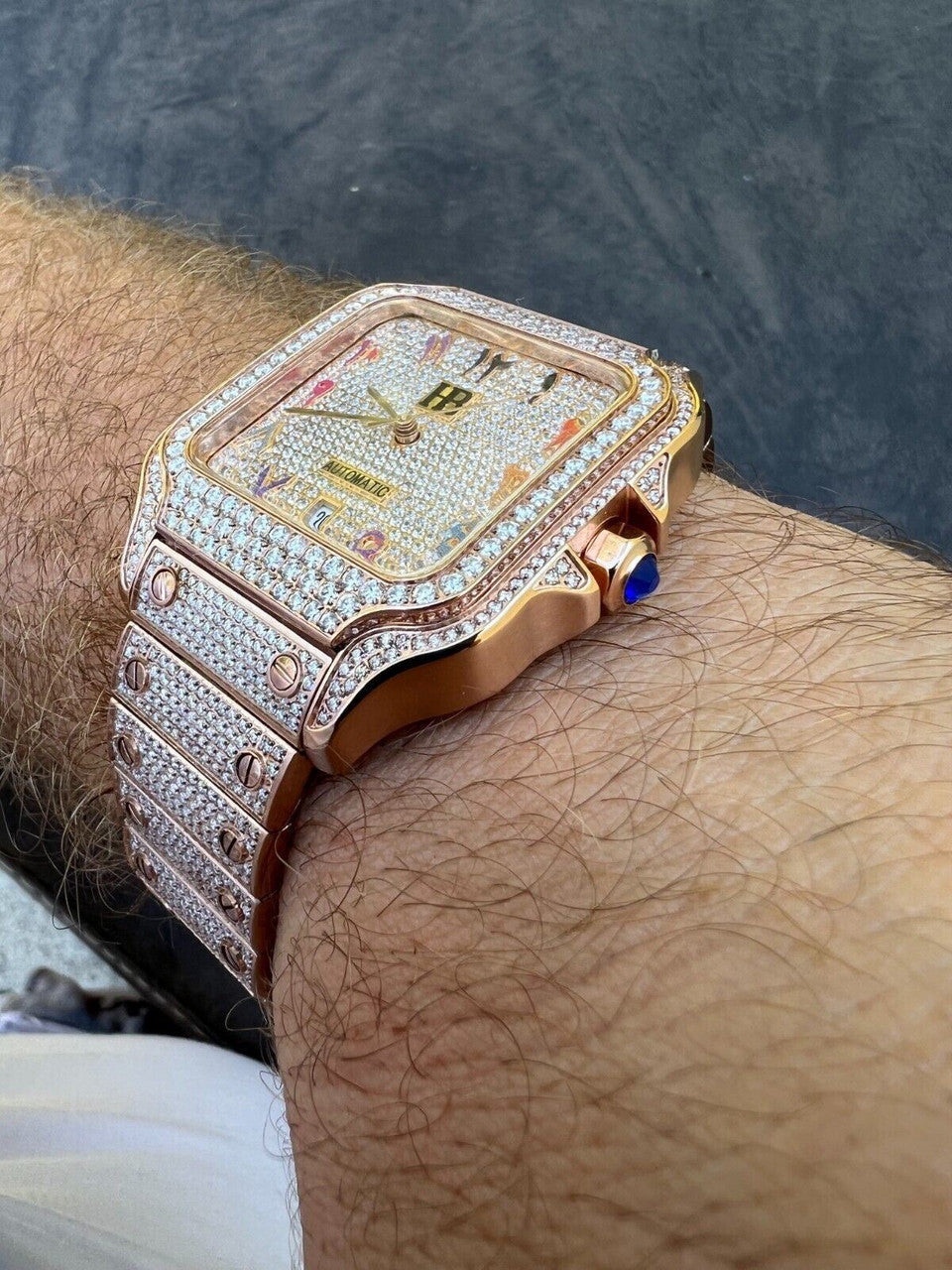 Hip Hop Real Mens MOISSANITE Watch Iced Automatic Movement Hip Hop Rose Gold Arabic Face