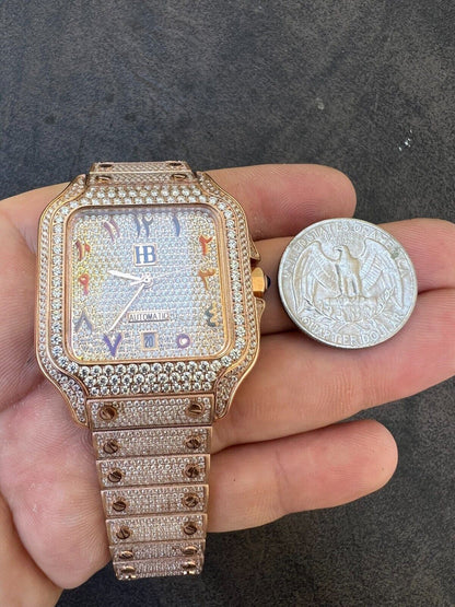 Hip Hop Real Mens MOISSANITE Watch Iced Automatic Movement Hip Hop Rose Gold Arabic Face
