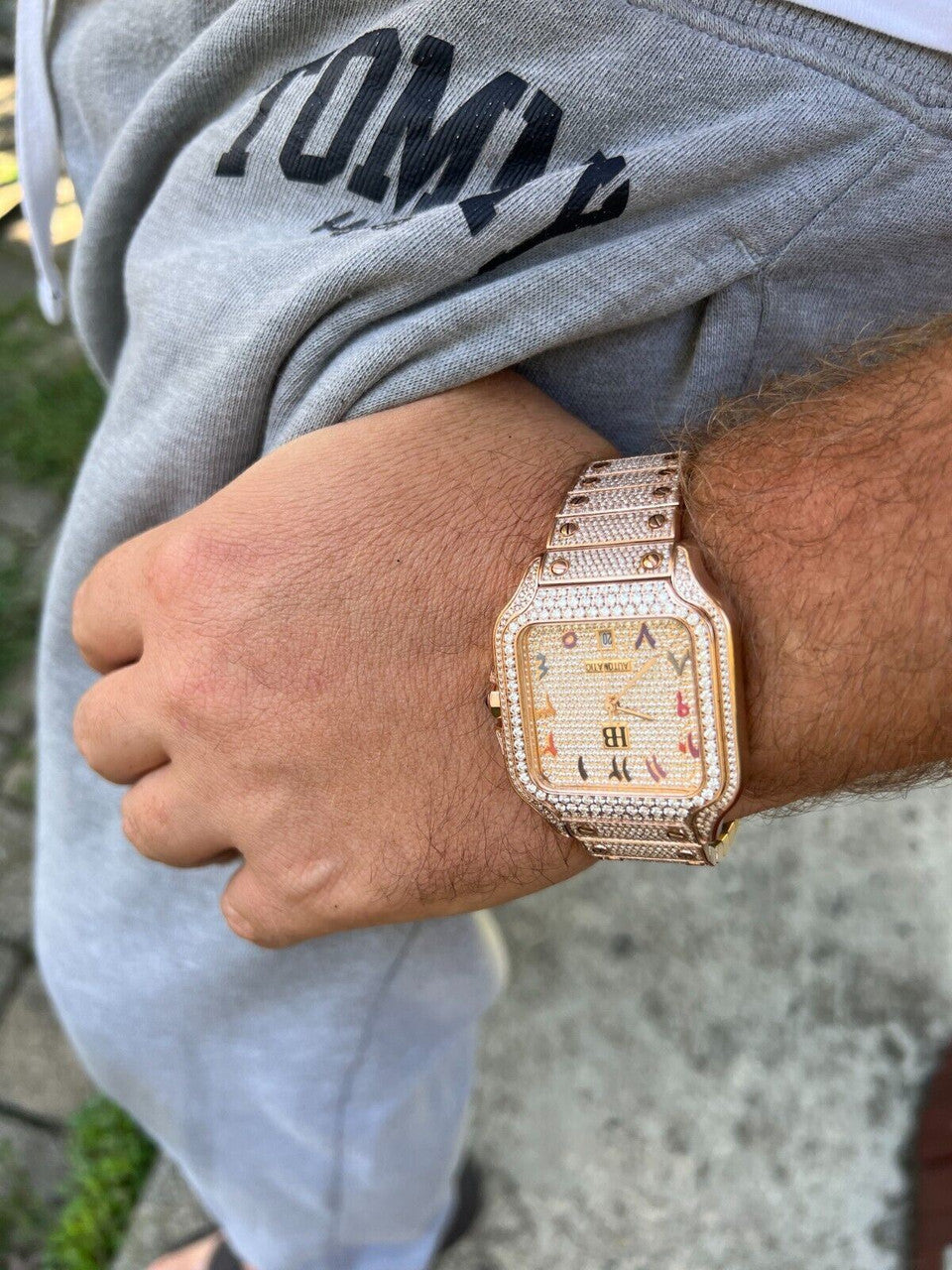 Hip Hop Real Mens MOISSANITE Watch Iced Automatic Movement Hip Hop Rose Gold Arabic Face