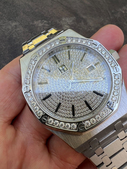 Hip Hop Real Mens Silver Watch Iced Automatic Skeleton Back 44mm Moissanite Hip Hop