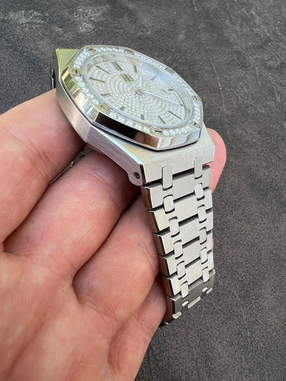 Hip Hop Real Mens Silver Watch Iced Automatic Skeleton Back 44mm Moissanite Hip Hop