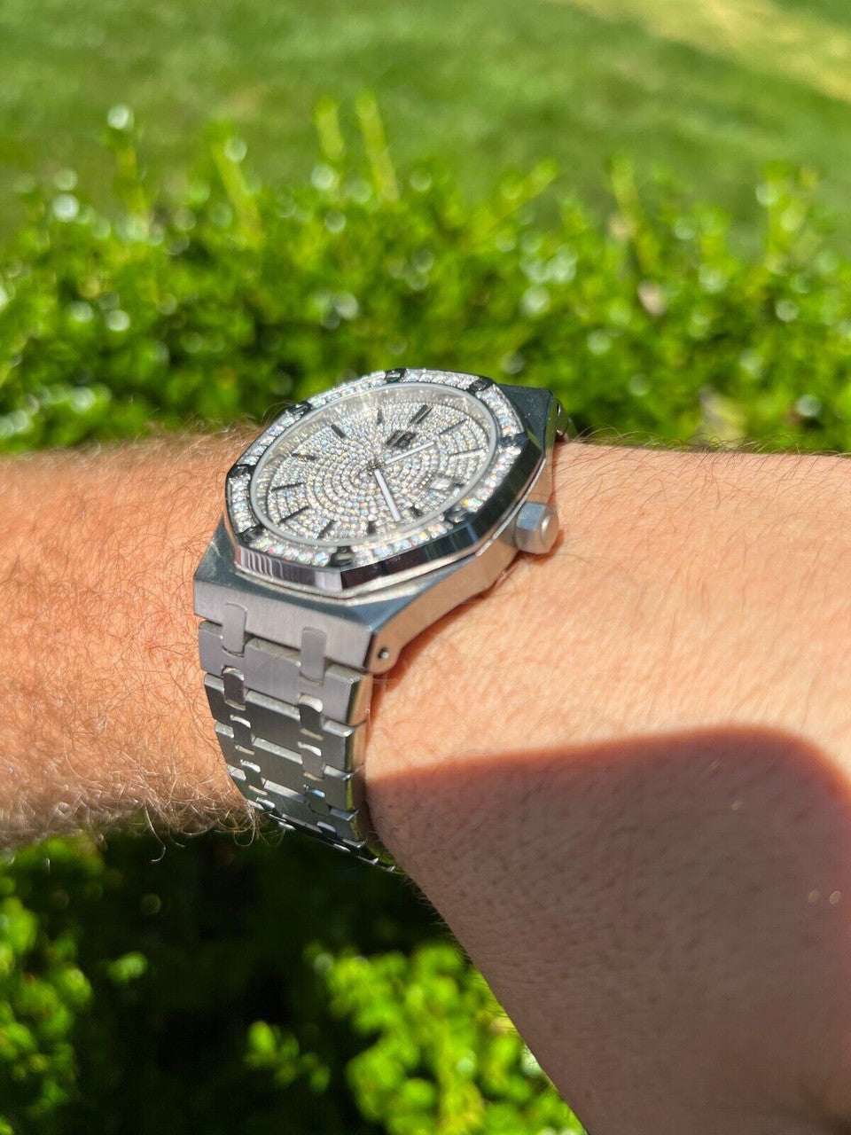 Hip Hop Real Mens Silver Watch Iced Automatic Skeleton Back 44mm Moissanite Hip Hop