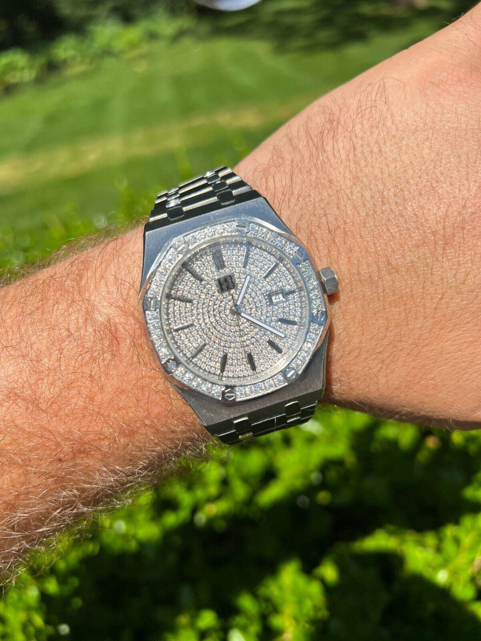 Hip Hop Real Mens Silver Watch Iced Automatic Skeleton Back 44mm Moissanite Hip Hop