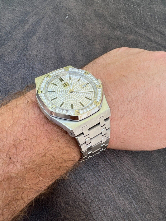 Hip Hop Real Mens Silver Watch Iced Automatic Skeleton Back 44mm Moissanite Hip Hop