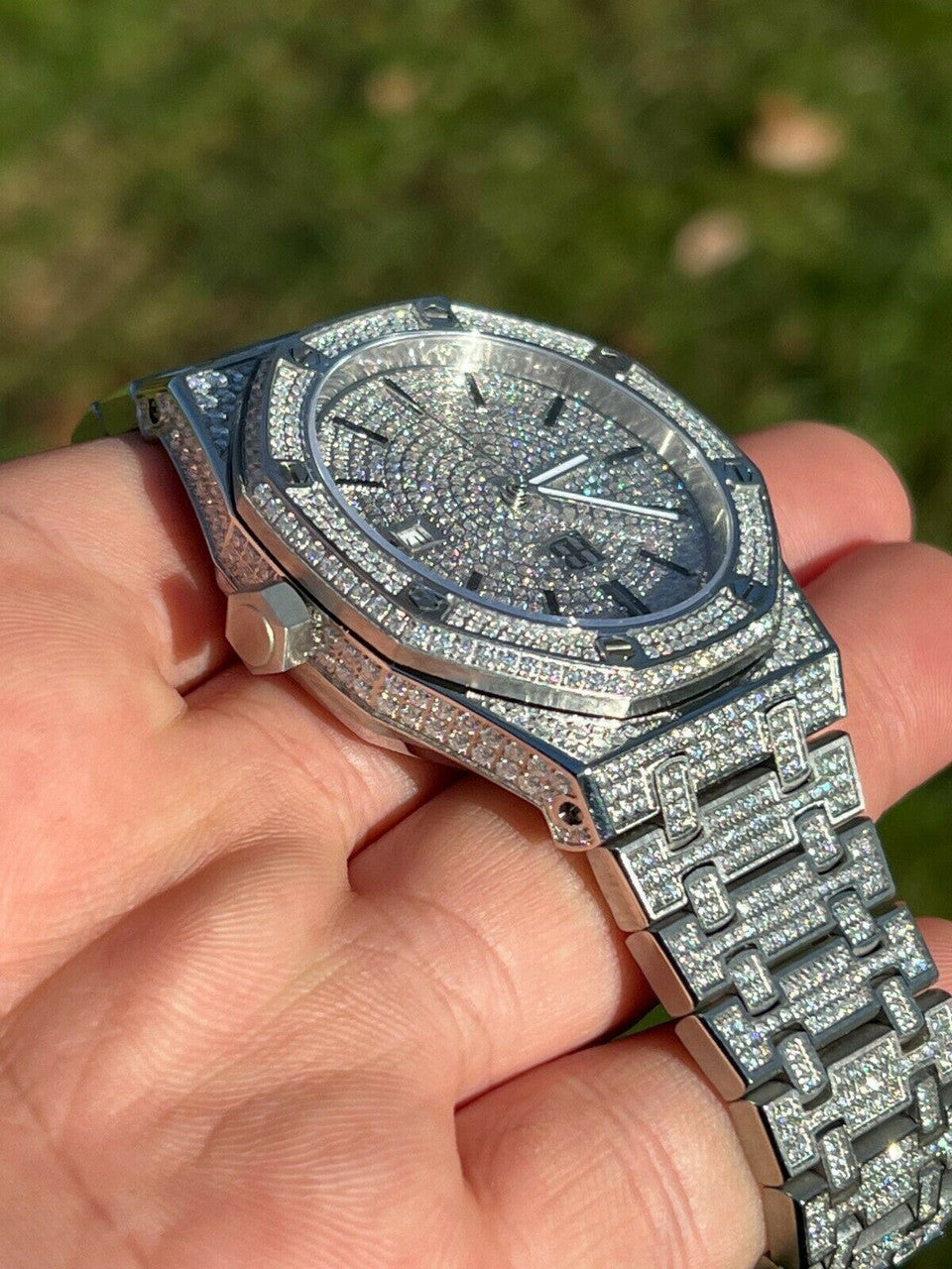 Real Mens Watch Fully Iced Bust Down Out Skeleton Back Automatic