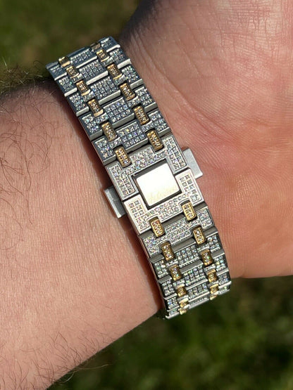 Hip Hop Real Mens Watch Iced Bust Down Skeleton Back Automatic Gold Two Tone 44mm HipHop