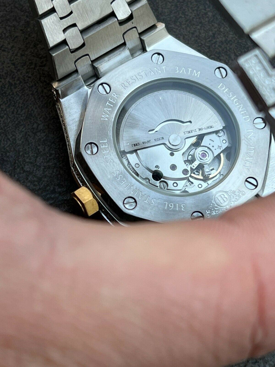 Hip Hop Real Mens Watch Iced Bust Down Skeleton Back Automatic Gold Two Tone 44mm HipHop