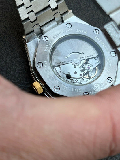 Hip Hop Real Mens Watch Iced Bust Down Skeleton Back Automatic Gold Two Tone 44mm HipHop