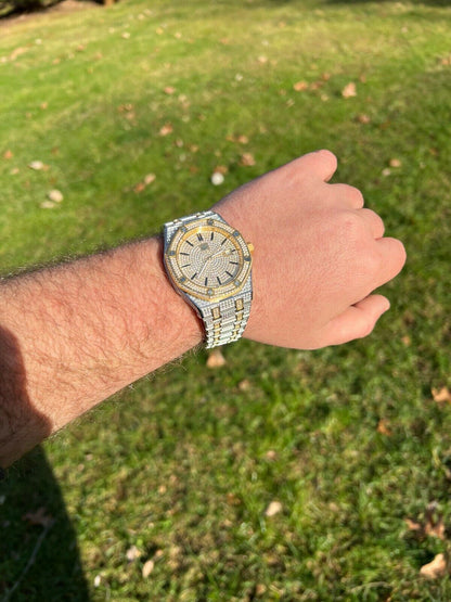 Hip Hop Real Mens Watch Iced Bust Down Skeleton Back Automatic Gold Two Tone 44mm HipHop